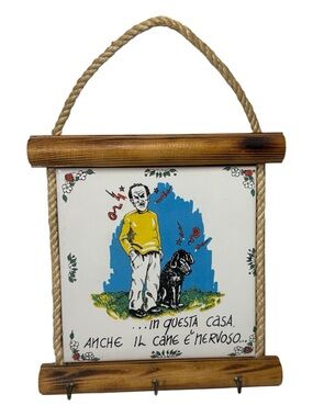 Vintage Italian Saying Ceramic Wall Plaque Key Holder with Dog Illustration